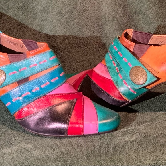 Elite by Corky Sz 10 NWOT multicolored leather 3 inch stacked wood heel - Picture 4 of 8
